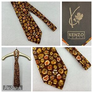 Kenzo Paris 100% Silk Tie Made in Italy Brown Floral Vintage Necktie Retro 90s